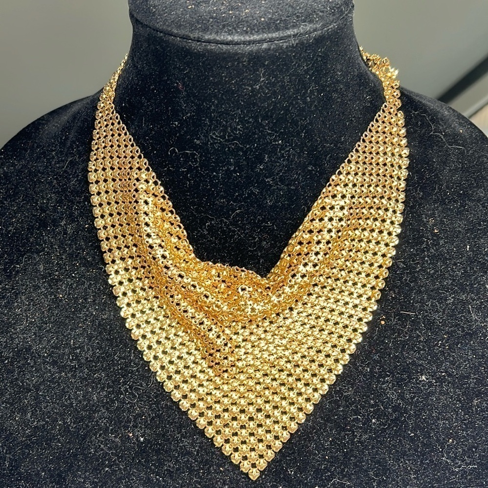 Goldtone Mesh Bandana Chain Bib Vintage Necklace